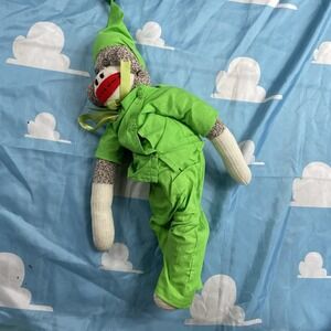 RARE Plush Sock Monkey with Green Hat And Outfit Pajamas Bedtime